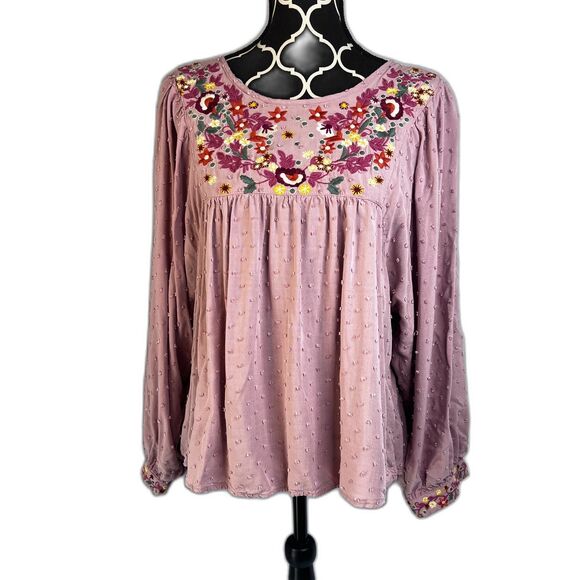 Solitaire Pink Embroidered Bodice Boho Peasant Flowy Tufted Blouse Size Large - Picture 1 of 9
